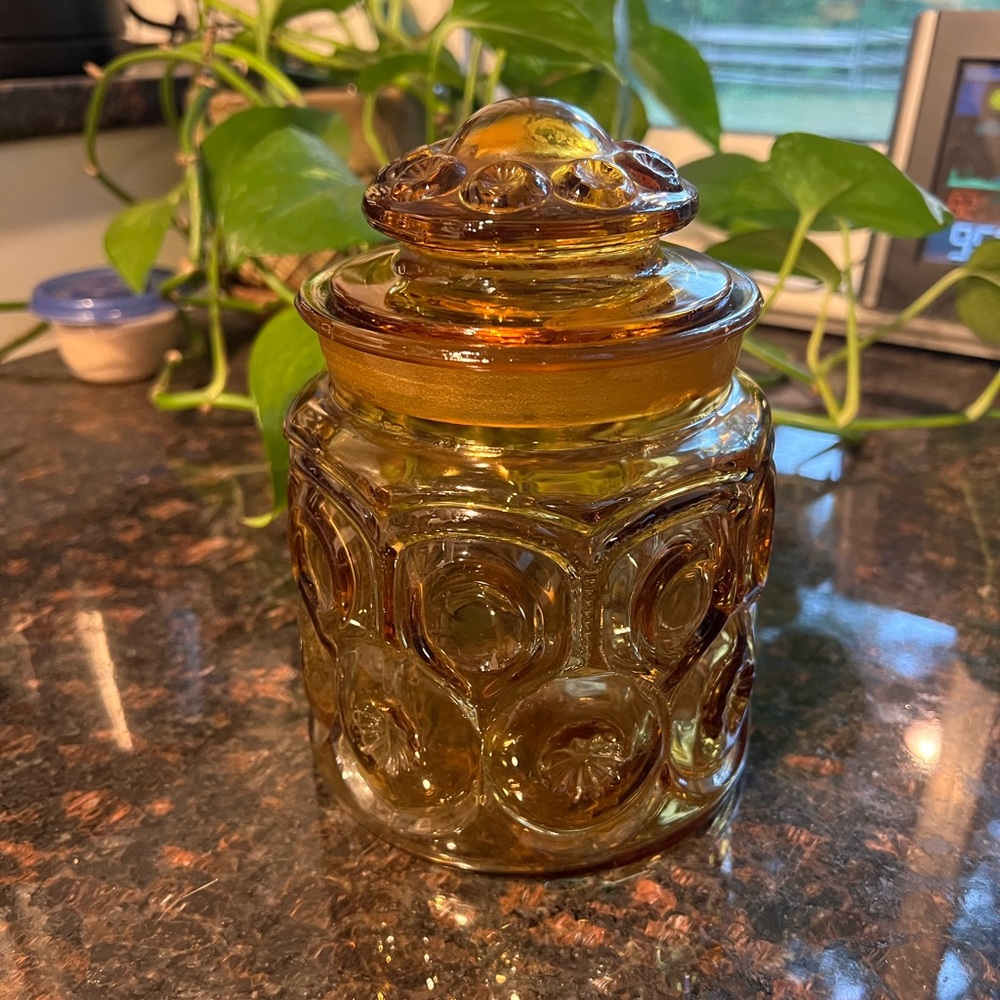 Amber Glass Moon Stars Coffee Canister, Vintage 7" Amber LE Smith Apothecary Jar